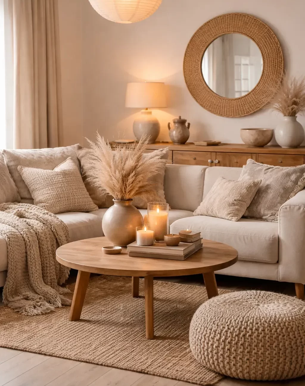 Een sfeervolle woonkamer met zachte beige tinten, houten accenten en gezellige decoratie.