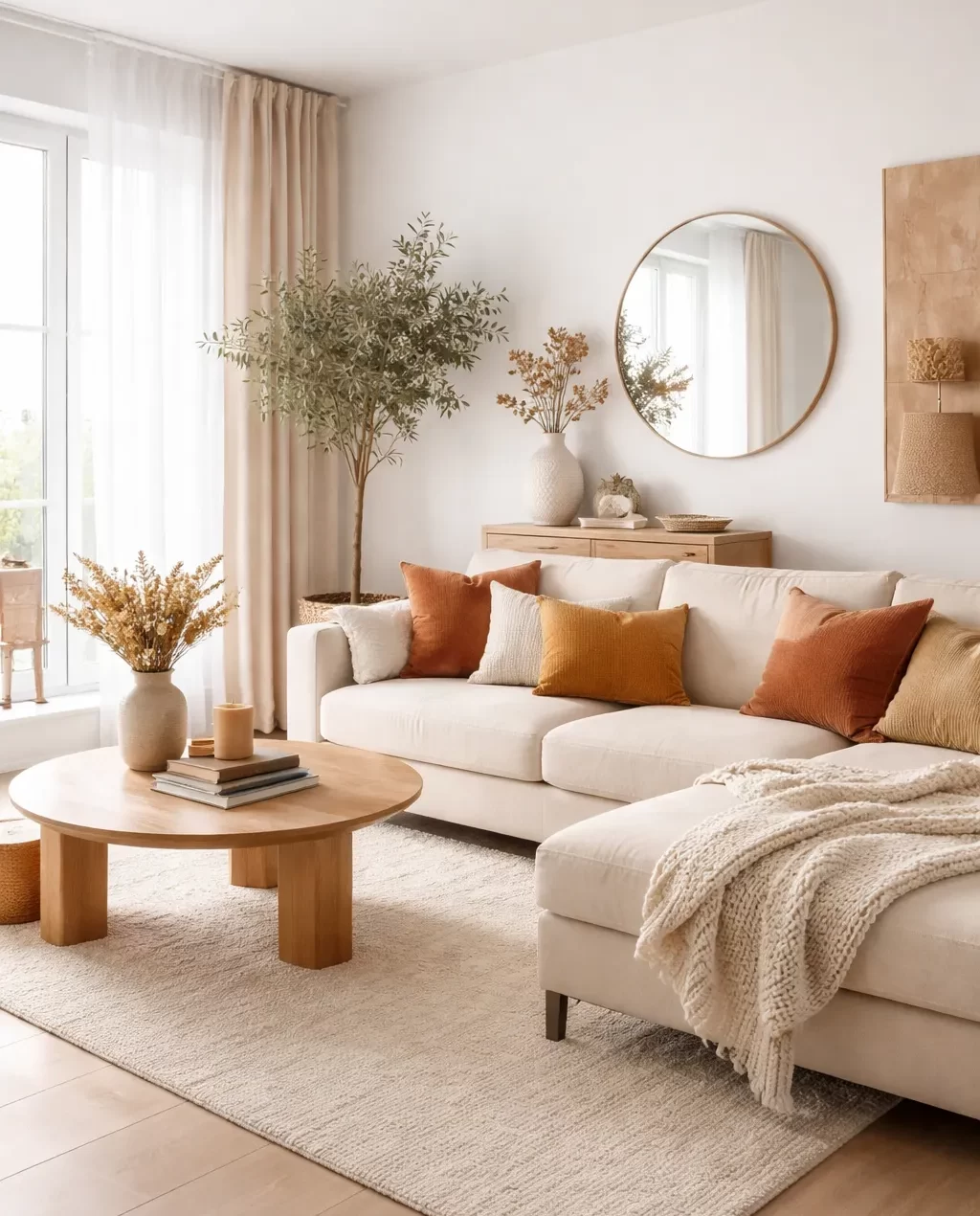 Een stijlvolle woonkamer met zachte natuurtinten, warme kussens en rustige decoratie.