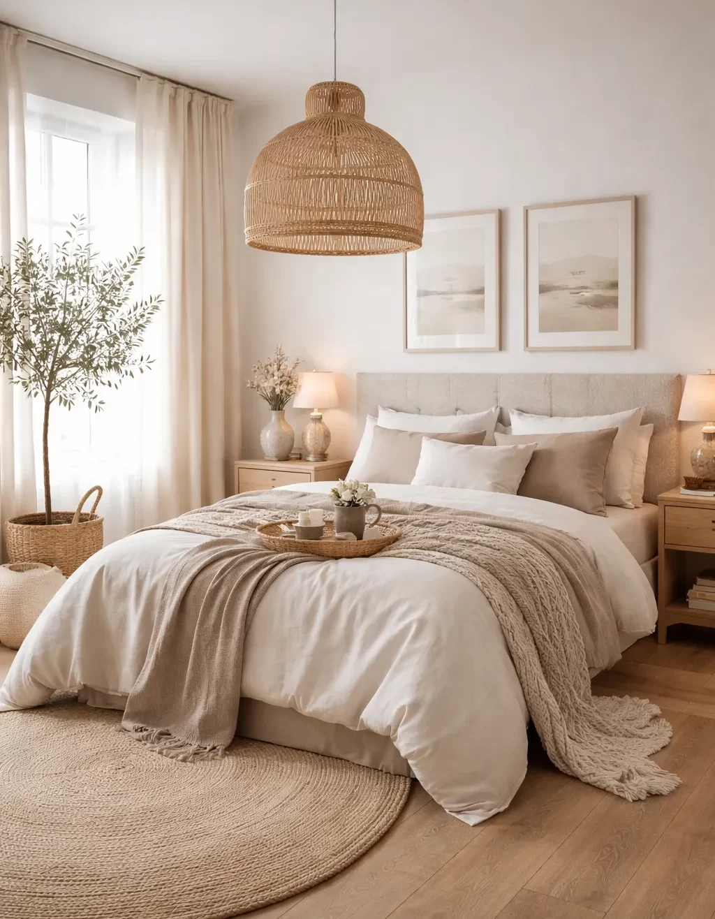 Een sfeervolle slaapkamer met zachte beige tinten, houten accenten en warme, natuurlijke decoratie.