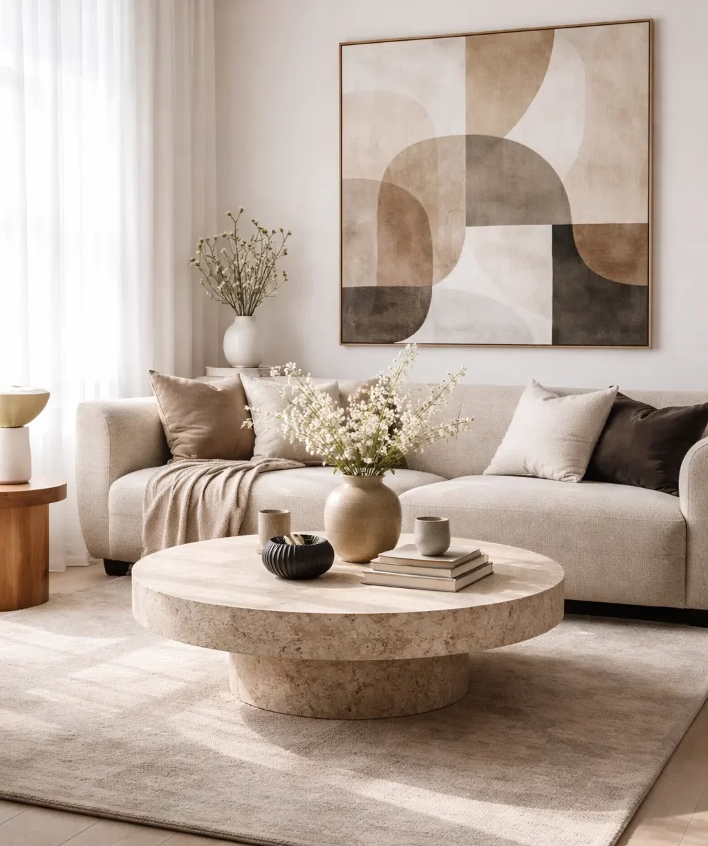 Een stijlvol modern interieur met zachte neutrale tinten, een ronde salontafel en elegante decoratieve accenten.