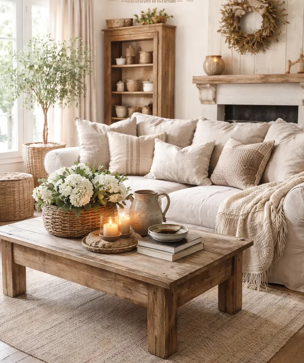 Warme landelijke woonkamer met houten meubels, zachte beige tinten en natuurlijke decoratie.