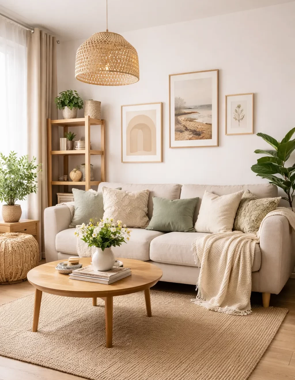 Gezellige kleine woonkamer met lichte kleuren, houten accenten en een rustige, moderne sfeer.