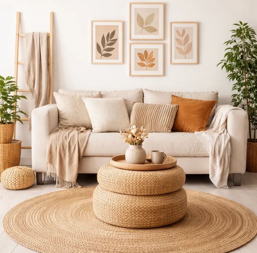 Gezellige, betaalbare woonkamer met neutrale kleuren, natuurlijke materialen en eenvoudige styling.