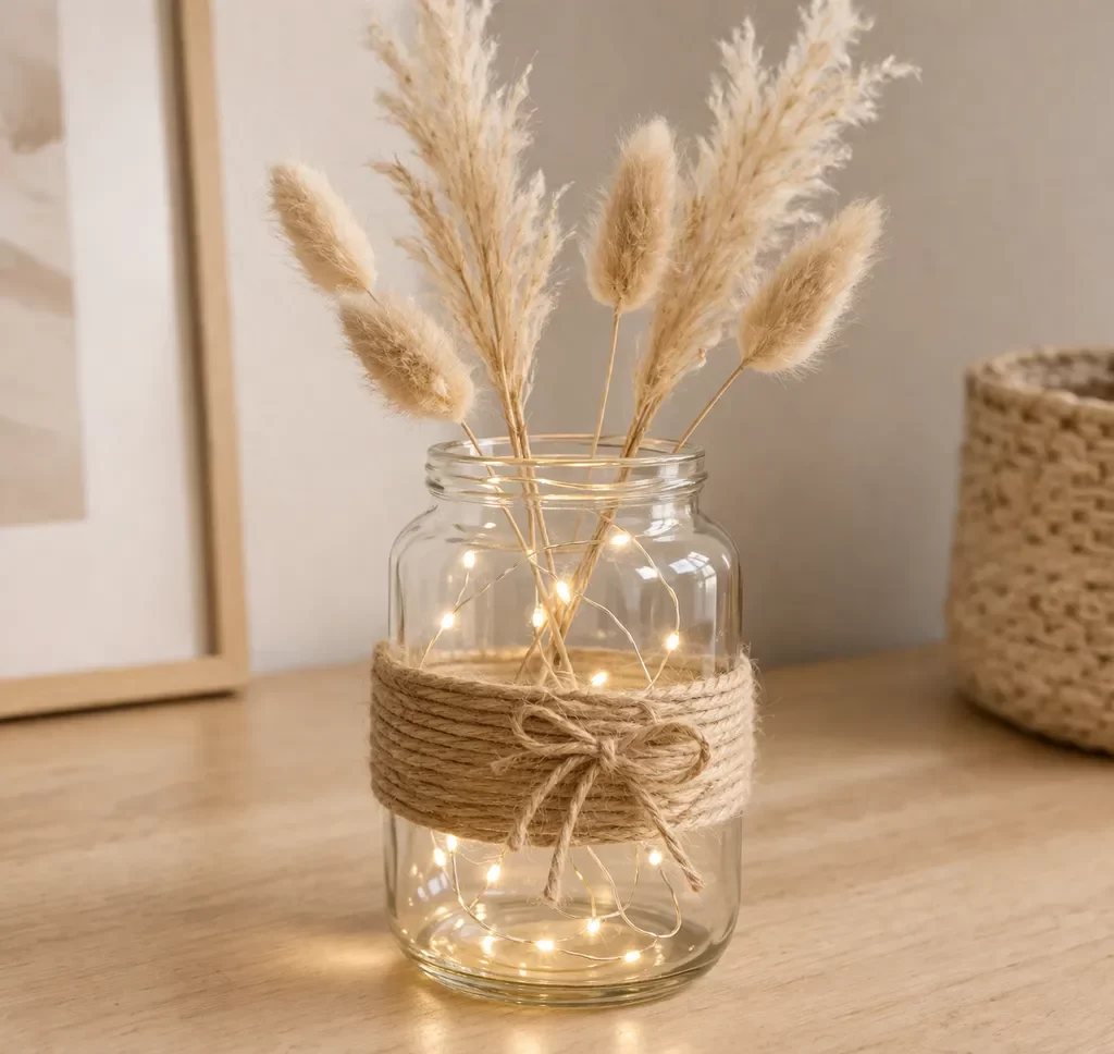 Een eenvoudige DIY woondecoratie met een glazen pot, zacht kaarslicht en macramé touw.
