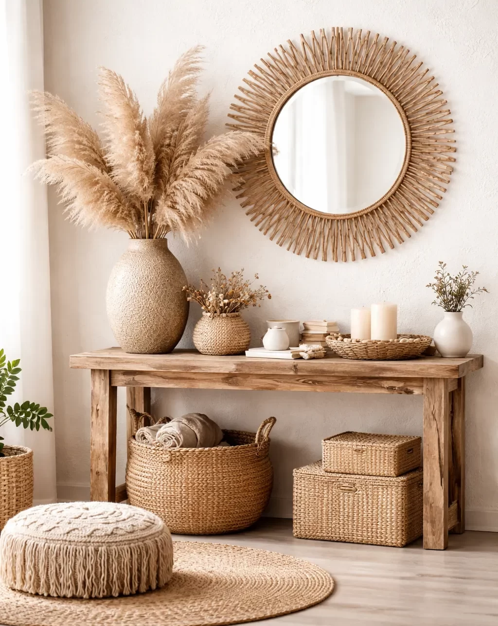 Rustige, warme woonhoek met hout, rotan en zachte aardetinten.