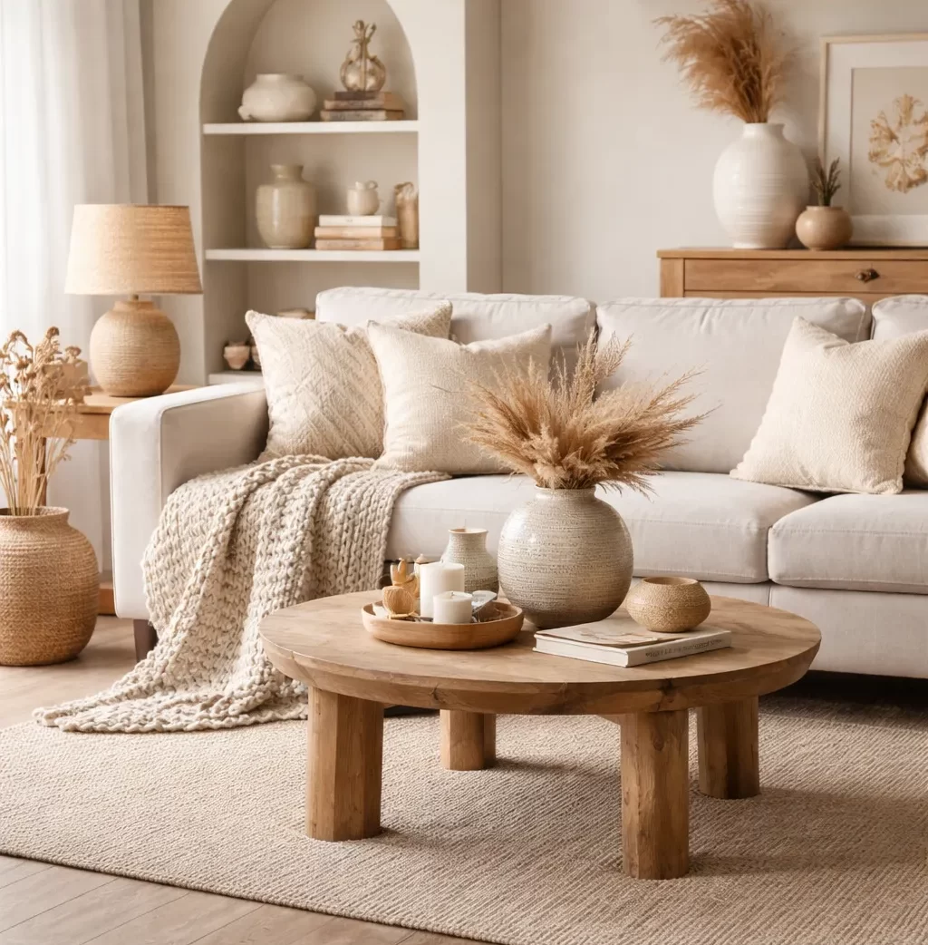 Warme beige woondecoratie met een rustige, natuurlijke sfeer.