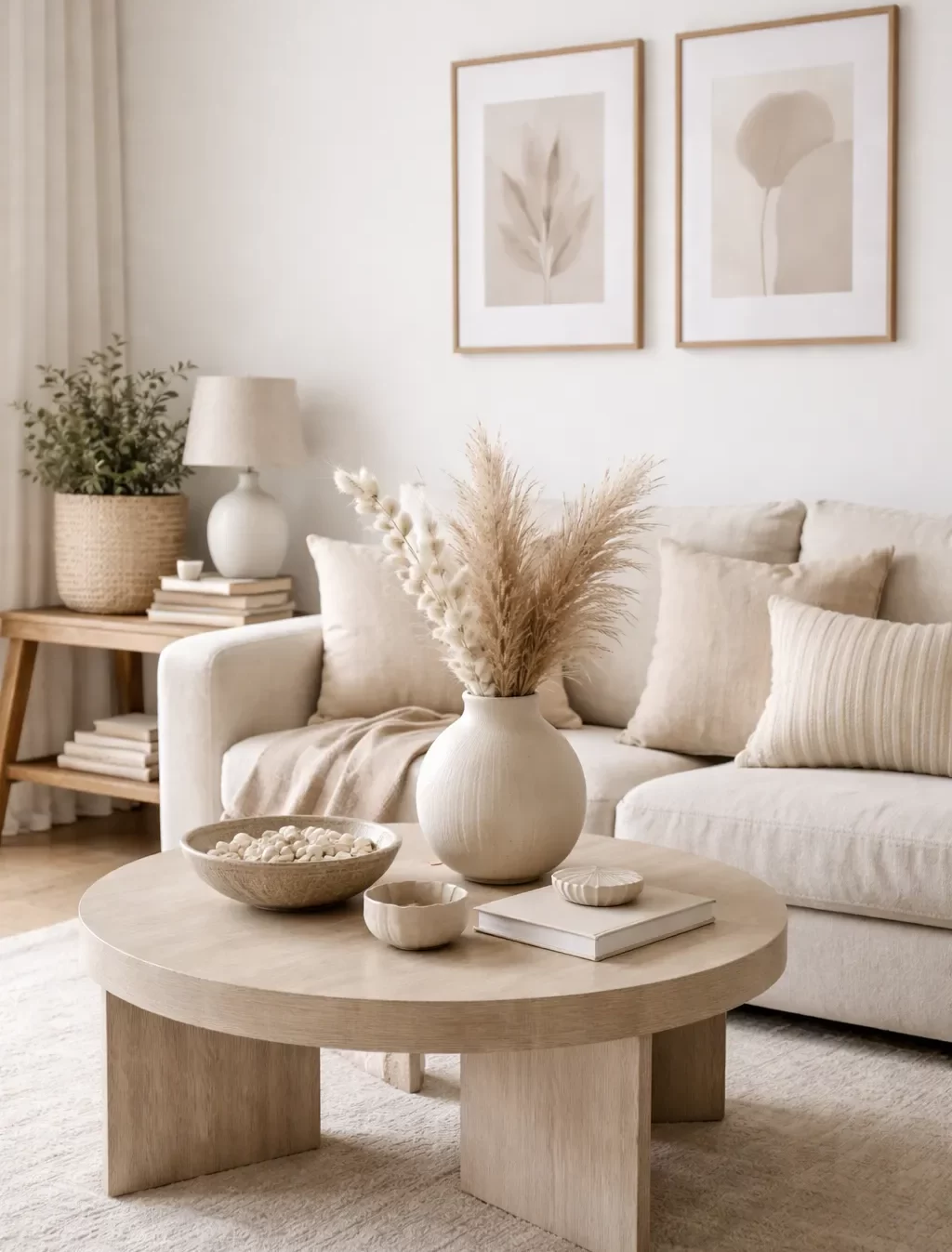 Een warme, stijlvolle woonkamer in beige en zandtinten met natuurlijke materialen en rustige decoratie.