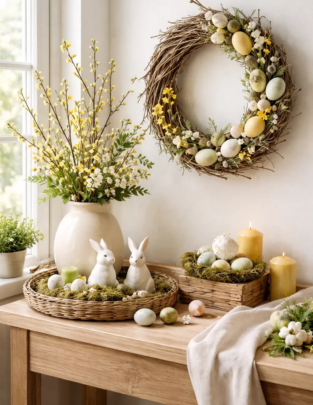 Frisse seizoensdecoratie met bloemen, paaseieren en zachte natuurlijke tinten.