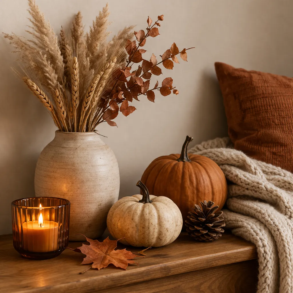 Warme woonkamer met zachte tinten, kaarslicht en natuurlijke herfstdecoratie.