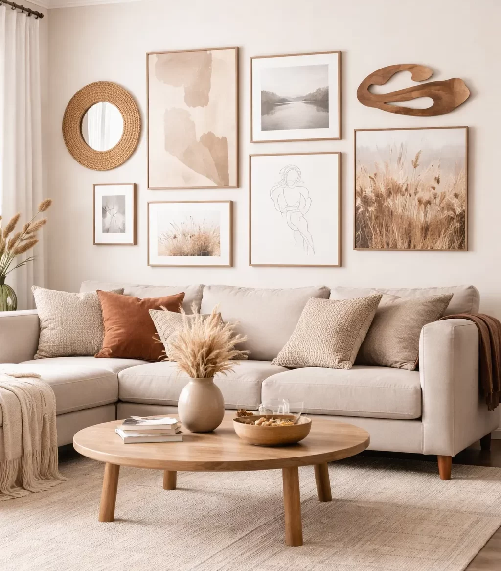 Een stijlvolle woonkamer met natuurlijke muurdecoratie in zachte beige en houttinten.