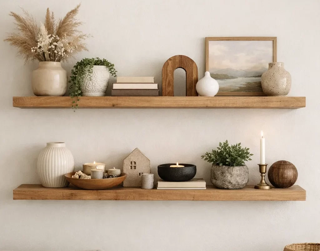 Stijlvolle houten wandplanken met vazen, kaarsen, planten en neutrale woondecoratie in een gezellige woonkamer.