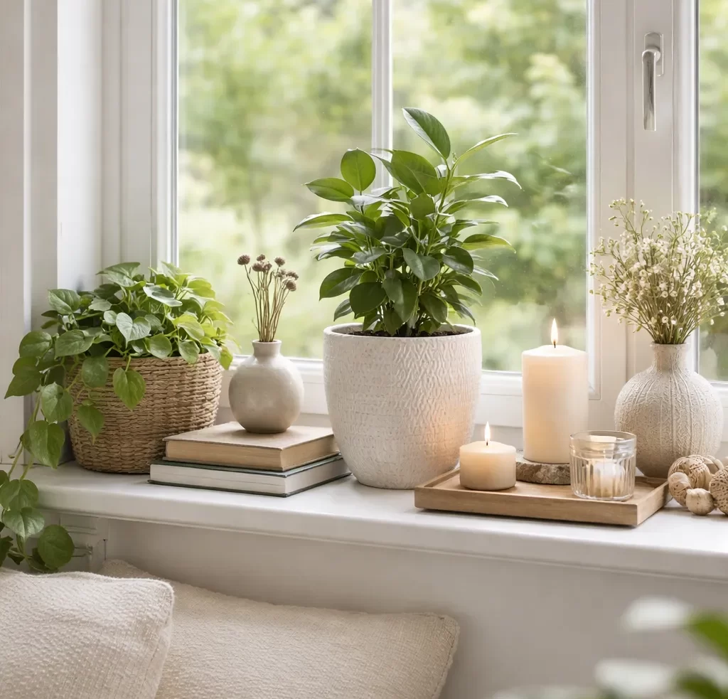 Sfeervolle vensterbank met planten en kaarsen.