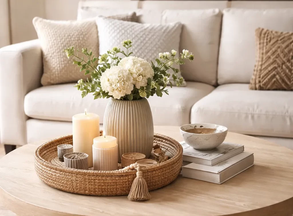 Stijlvolle salontafel met vaas, kaarsen en boeken.