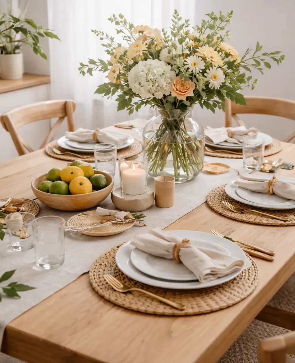 Stijlvolle, natuurlijke tafeldecoratie met bloemen en warme neutrale tinten.