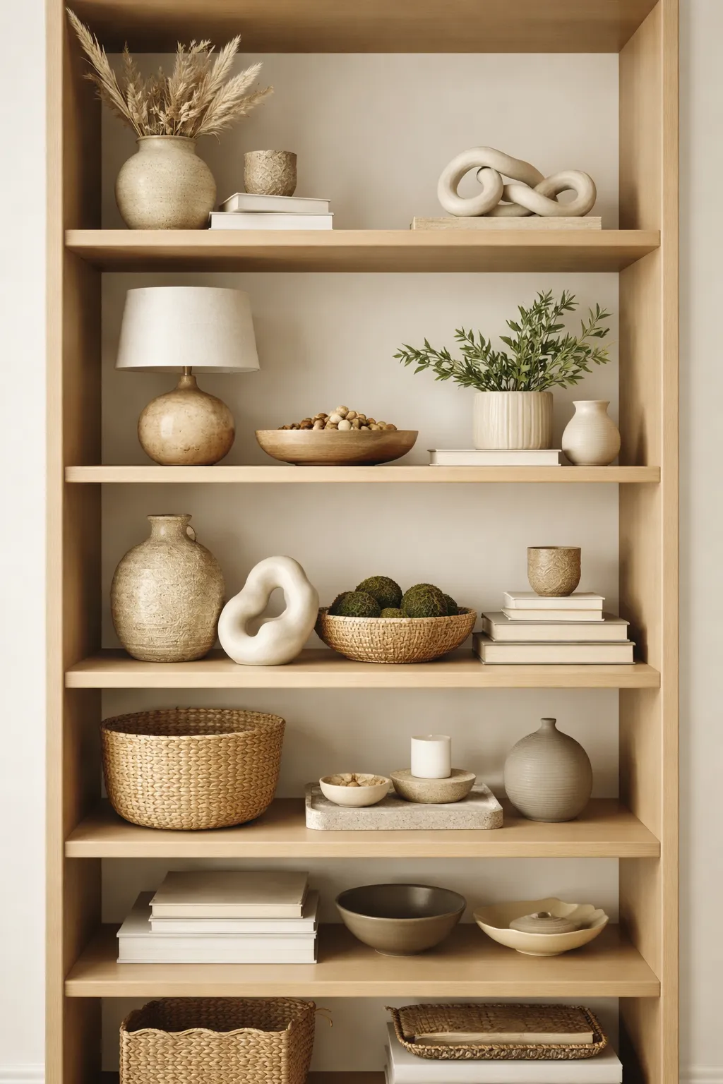 Een stijlvolle open kast met neutrale decoratie, zoals vazen, boeken, planten en natuurlijke materialen. Rustig, warm en modern.
