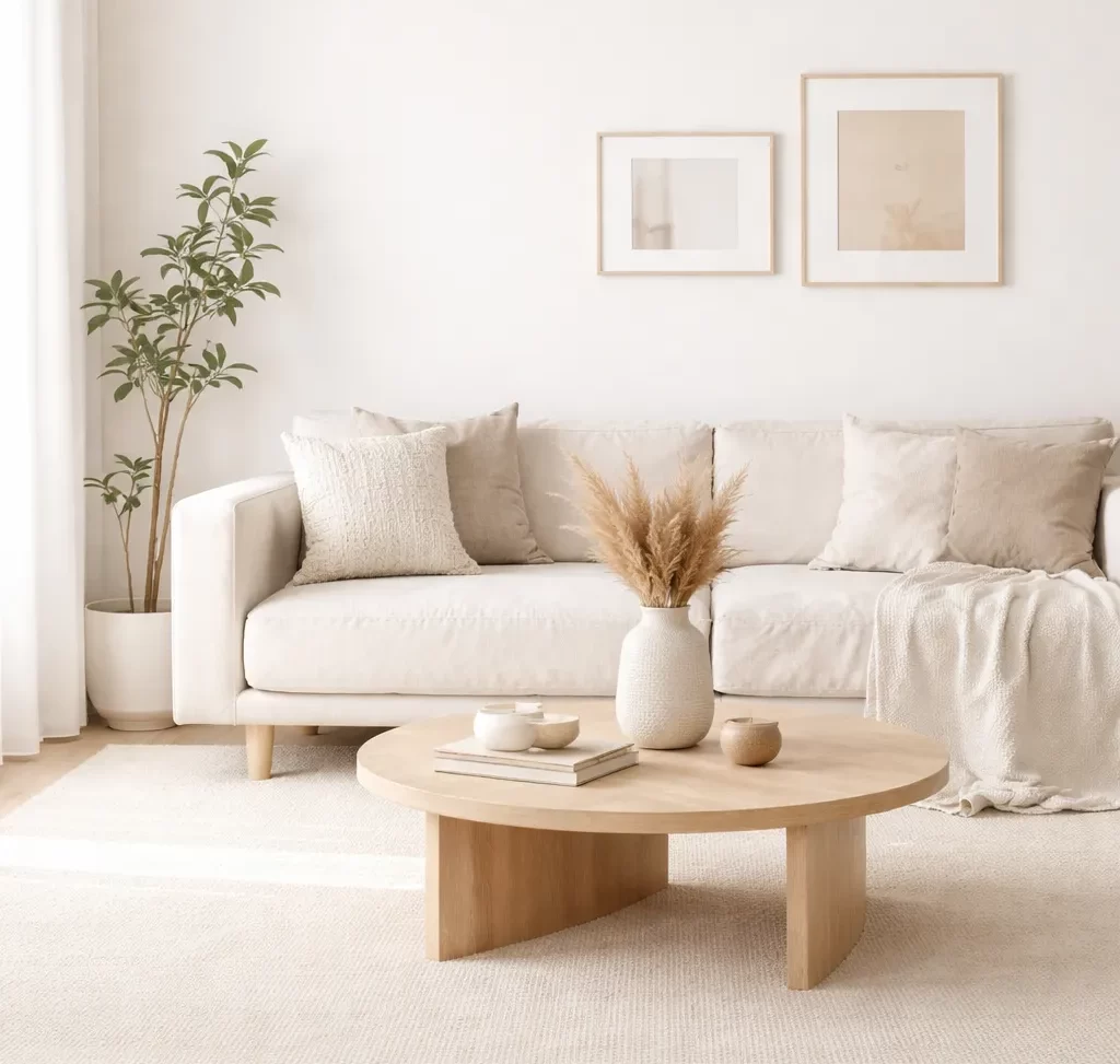 Rustige woondecoratie met neutrale tinten, lichte houtaccenten en een zachte, warme sfeer.