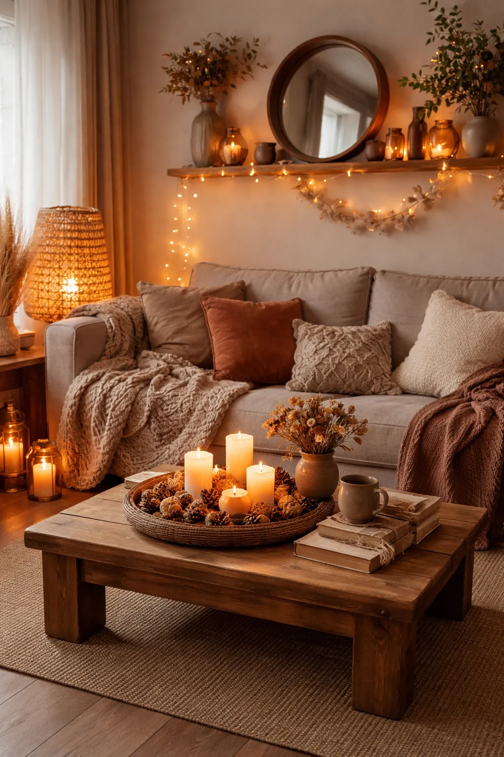 Een sfeervolle woonkamer met zachte stoffen, warme verlichting en natuurlijke decoratie.