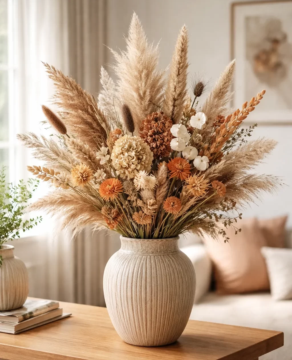 Warm droogboeket in een stijlvolle vaas.