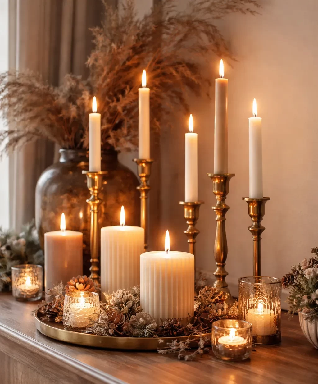 Warme en elegante decoratie met stijlvolle kaarsenhouders.