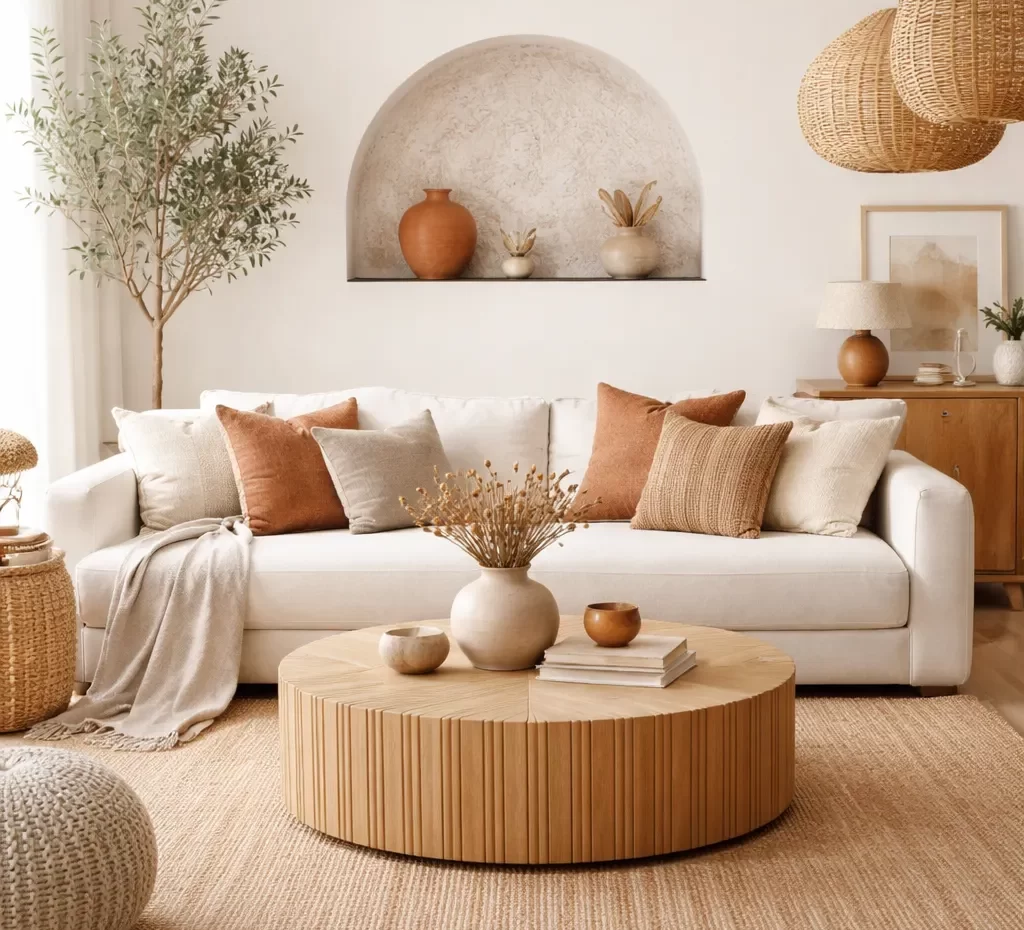 Natuurlijke materialen, warme aardetinten en een rustige, moderne sfeer.