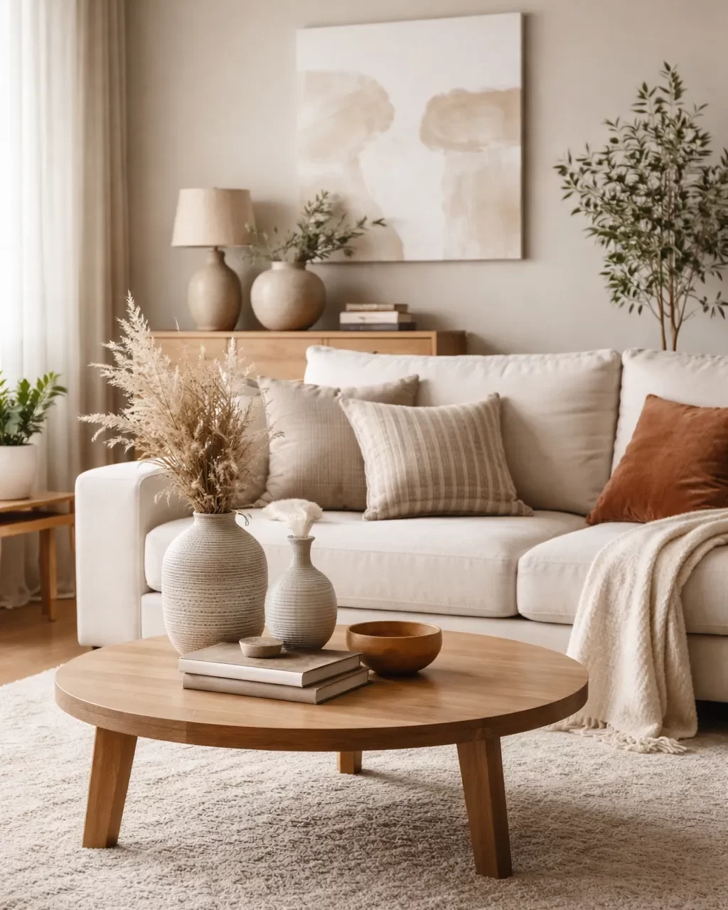 Een warme, rustige woonkamer met neutrale tinten, natuurlijke materialen en stijlvolle decoratie.